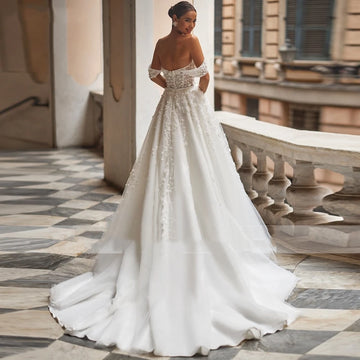 Elegant Wedding Dresses A-Line Tulle Bridal Gowns Lace Appliques Off The Shoulder Robes Floor Length Vintage Vestidos De Novia