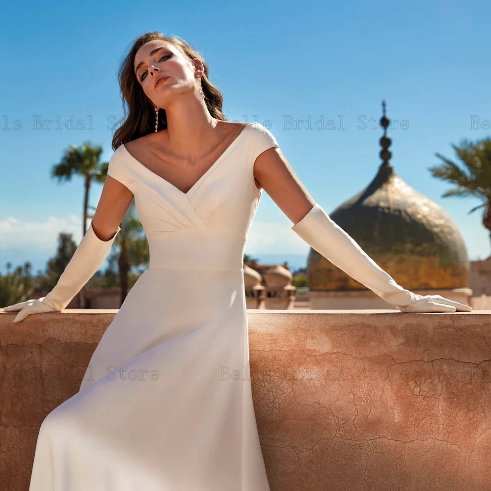 Robes de mariée simples hors épaule V couche sans manche robes nuptiales plissées bouton arrière longueur du sol A-line vestidos de novia 2024