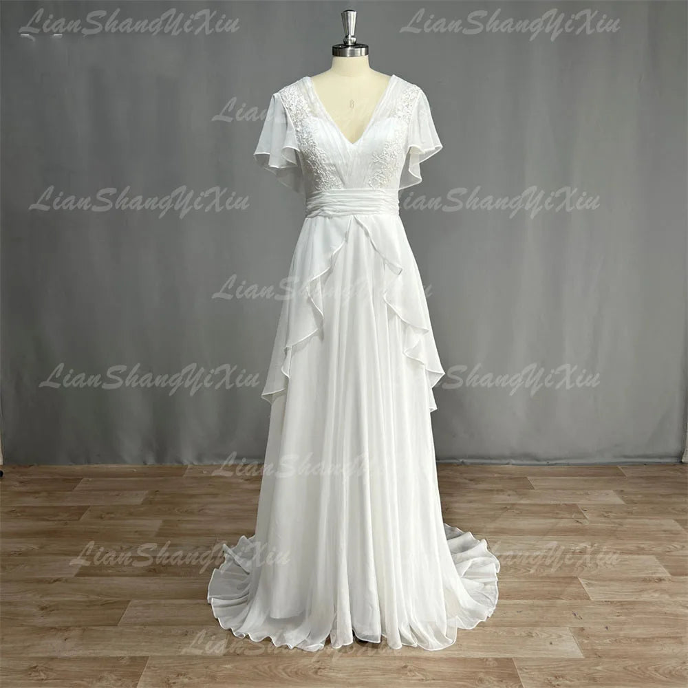 Boho V-Neck Wedding Dresses Chiffon A Line Short Sleeves Backless Floor Length Ruffles Beach Bridal Gowns Bohemian Simple Summer