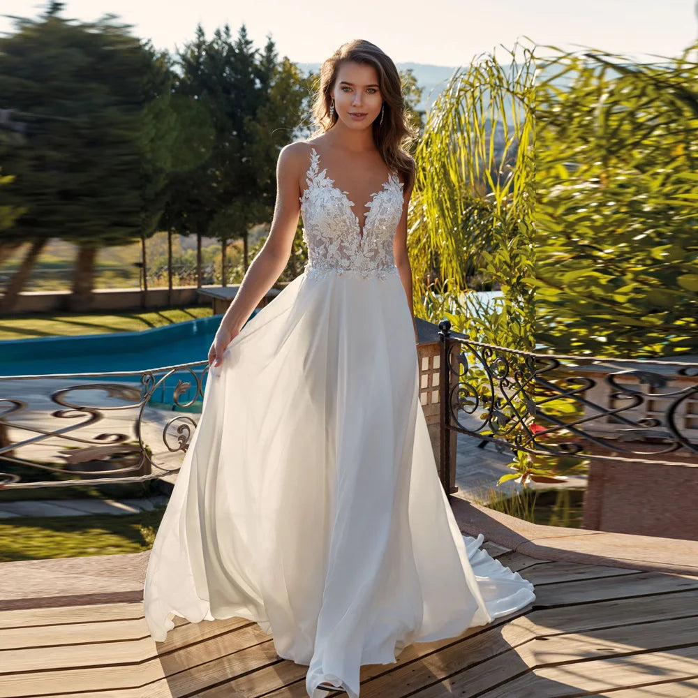 Robes de mariée en mousseline de mousseline élégante V couche sans manche robes de mariée en arrière appliques perles balayez le train A-line свадебное платье 2023