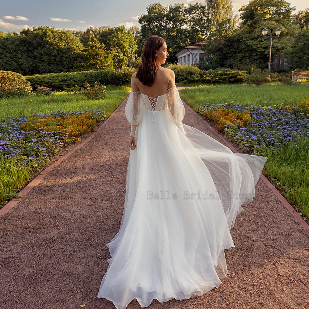 Vestidos de novia de la línea A de hombro Cuello, Campo Long Tul Tul Growns Growns Appliques Vestidos de longitud de piso de Novia