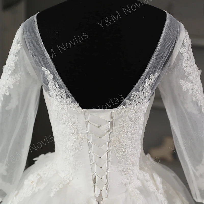 Real Vedio O Neck Lace  Embroidery Full Sleeve Plus Size Wedding Dress 2023 New Long Train Sweet Bride Gown Vestidos De Noiva