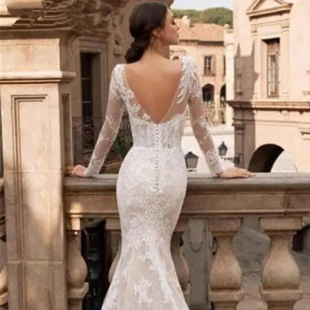 Exquisite Long Sleeves Mermaid Wedding Dresses Lace Appliques Bride Gowns Backless Sweep Train Vestidos De Noiva