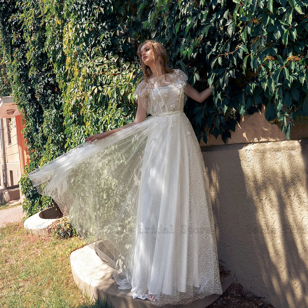 Vestidos de noiva de renda clássicos para mulher o pescoço mangas de boné de noiva crescido