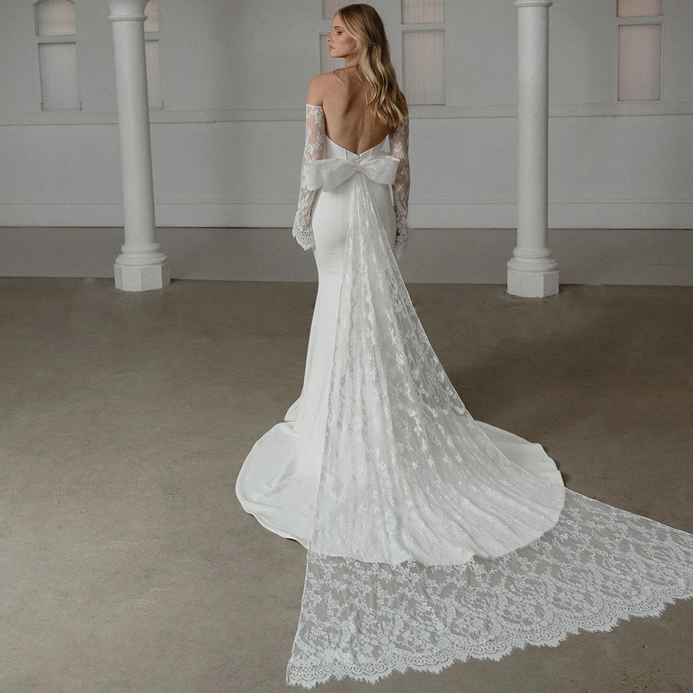 Magnifiques robes de mariée à manches longues pour femmes Strapiess Bridal Growns avec vestidos à gros arc détachable de Novia Backless 2024