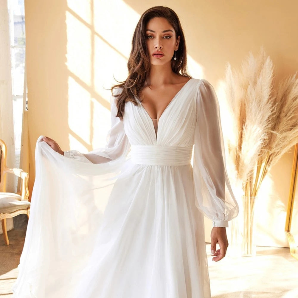 Simple V-Neck White Wedding Dresses for Women Long Sleeves Bridal Growns with Floor-Length Vestidos De Novia Backless 2024