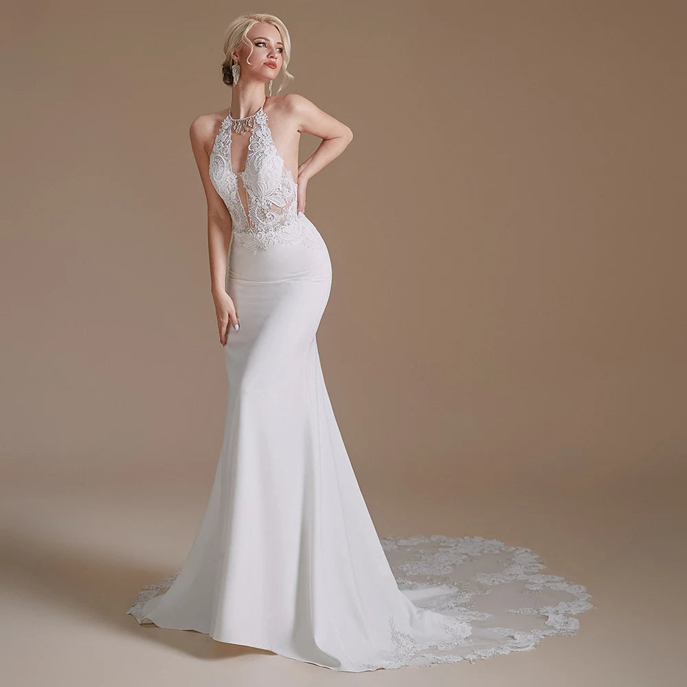 Abito da sposa sirena 2023 Sexy Halter Strethy Strethy Spandex Appliques in pizzo Cappella Capella Abito da sposa