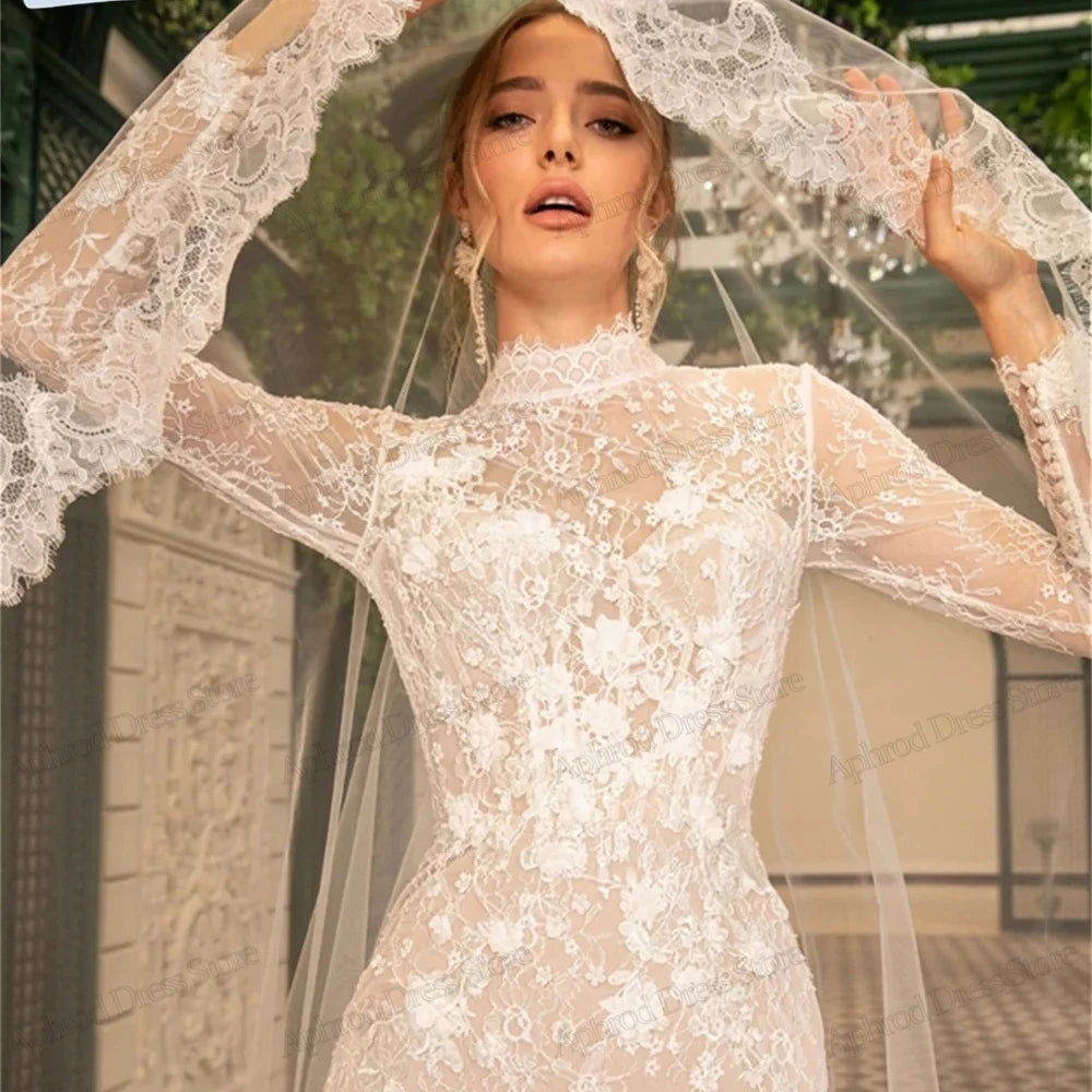 Exquisite Wedding Dresses For Women 2024 Sheath Mermaid Lace Appliques High Neck Bridal Dress Full Sleeves Vestidos De Novia