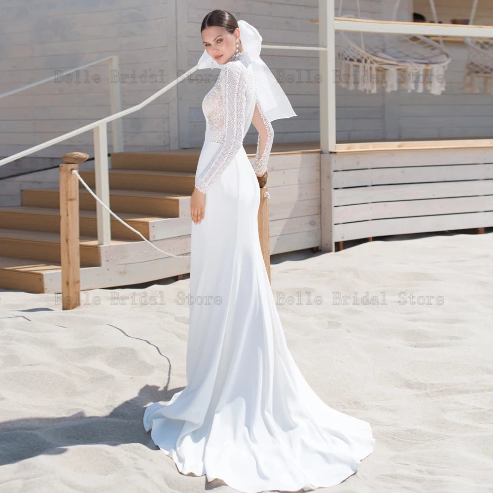 Elegante Meerjungfrau Brautkleider für die Braut High Neck Langarm Brautkleider Spitze Sweep Zug Frontschlitz Vestidos De Novia 2024