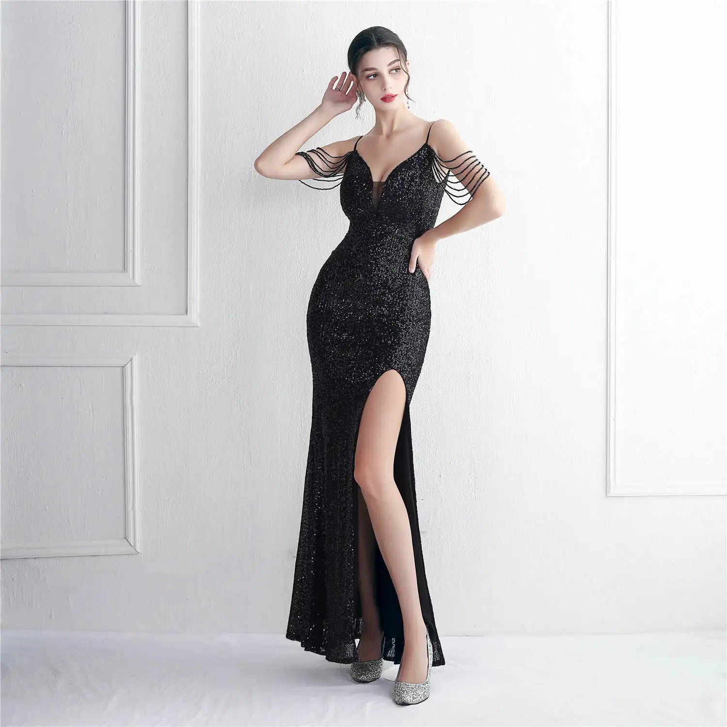 Women Backless Gold Sequin Dress Strap Beading Party Maxi Dress Sexy Slit Evening Dress Long Prom Dress