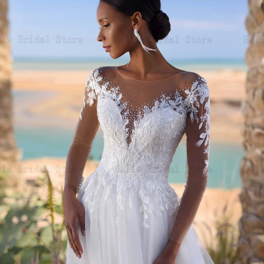 Klassische Tüll A-Linie Brautkleider für die Braut O-Ausschnitt Lange Ärmel Brautkleider Applikationen Bodenlang Vestidos De Novia 2024