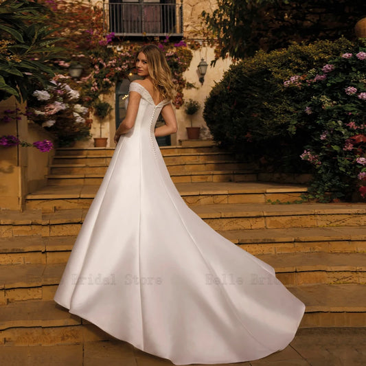 Classic Off Shoulder Wedding Dresses V Neck Sleeveless Bridal Gowns Beadings Floor Length A-Line Satin Vestidos De Novia 2024