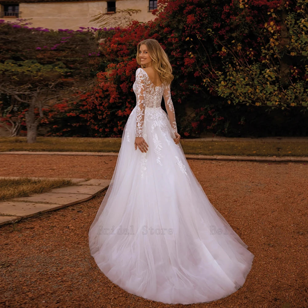 Elegant A-Line Wedding Dresses V Neck Long Sleeves Bridal Gowns Applique Back Button Floor Length Tulle Vestidos De Novia 2024