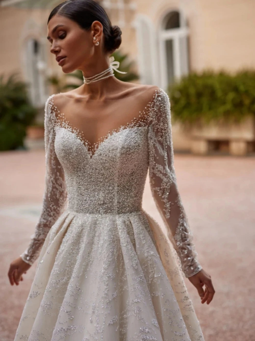 Abito da sposa classico a maniche lunghe con scollo o scintillante perle glitter sposa sposa abito elegante abito da sposa a-line lungo da sposa