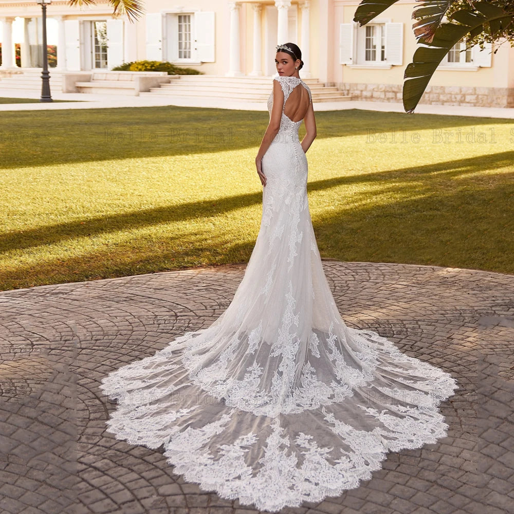 Abiti da sposa semplici maniche da sposa con cappuccio a v -collo profondi appliques appliques cornici abbottonatura lunghezza del pavimento sirena vestidos de nolia