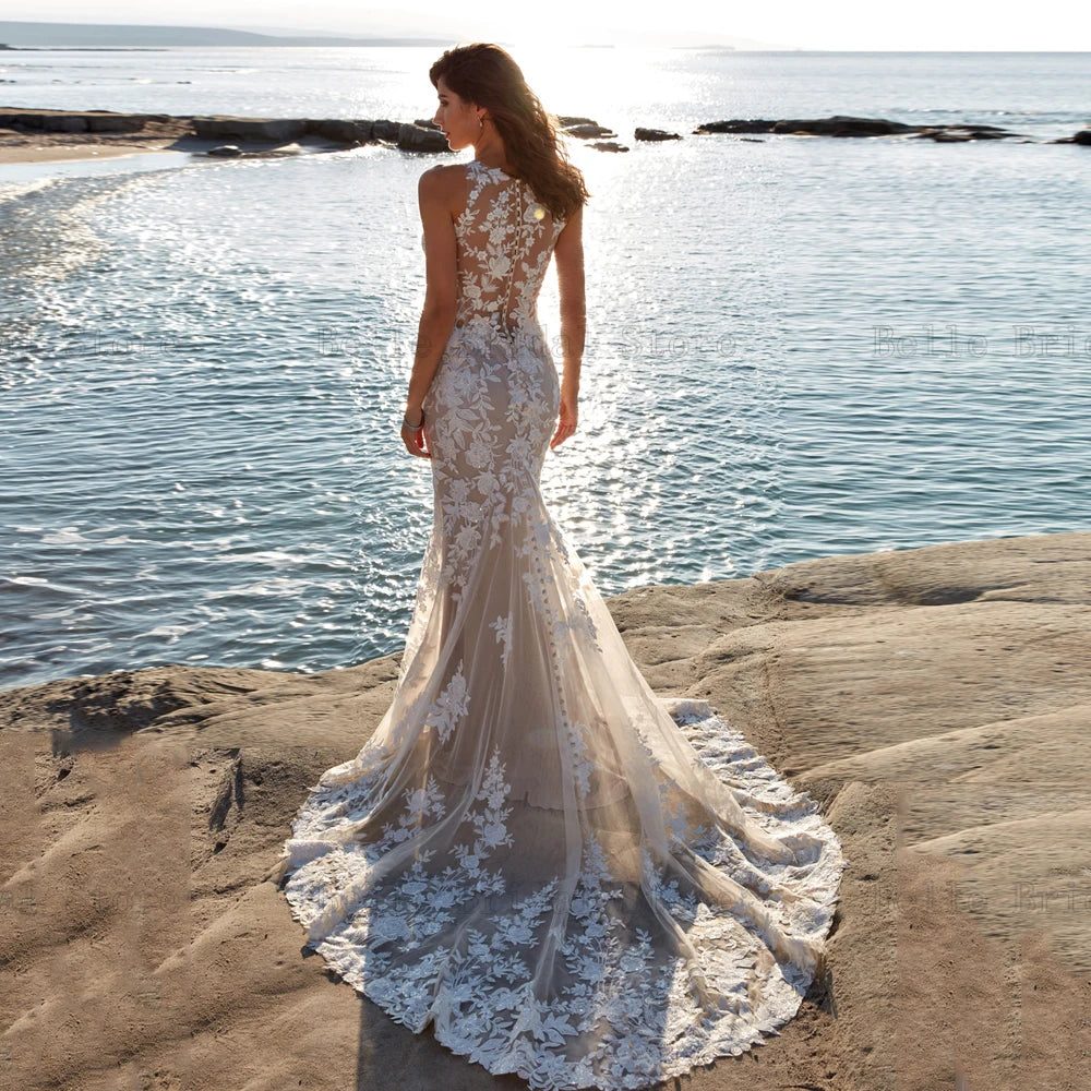 Eleganti abiti da sposa o Calco senza maniche APPLICA APPLICI DI SPIGNORE ILLUS ILLUSE TULLE MERMAID VESTODOS DE NEVIA 2024