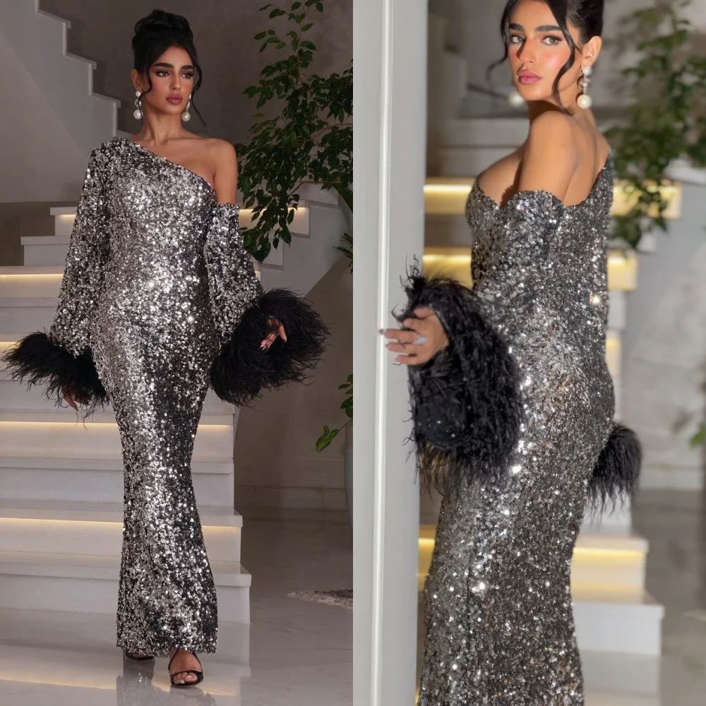Prom Dress Sparkle Asymmetrical One-Shoulder Sheath Floor Length Evening Dresses Sequin Chiffon Customized