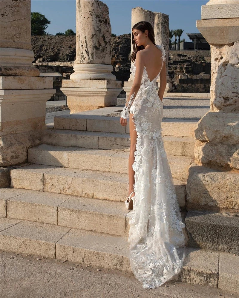 Abito da sposa in pizzo moderno divisione divisa sexy abiti da sposa senza schienale a cuore a lunghezza del pavimento sirena abiti da sposa 2024