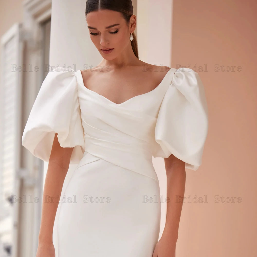 Elegante Meerjungfrau Brautkleider V-Ausschnitt Puffärmel Brautkleider Falte Rückenfrei Bodenlang Satin Vestidos De Novia 2024