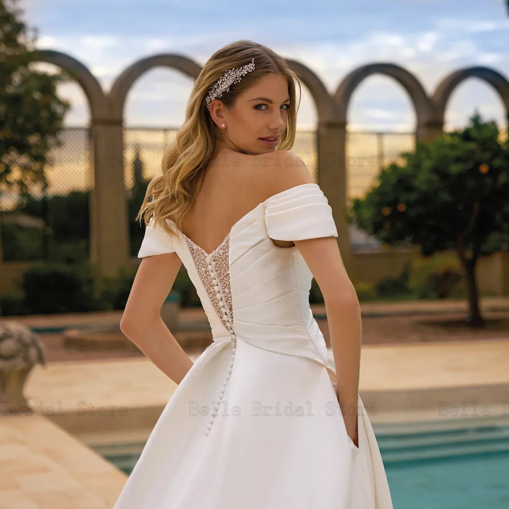 Simple Off Shoulder Wedding Dresses Boat Neck Sleeveless Bridal Gowns Back Button Floor Length A-Line Vestidos De Novia 2024