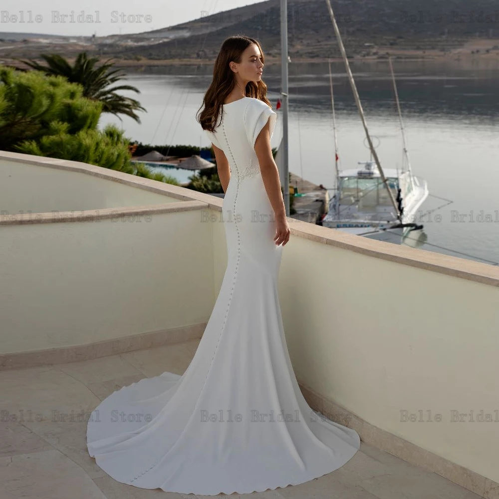 Elegantes vestidos de novia blancos V cuello sirena nupcial de novia para la mujer apliques botones de barrido de barrido camiseta de tren de mariee