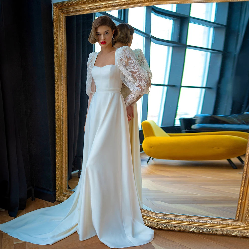 Elegant A-Line Wedding Dresses Square Neck Long Puff Sleeves Bridal Gowns Illusion Appliques Backless Sweep Train Robe De Mariee