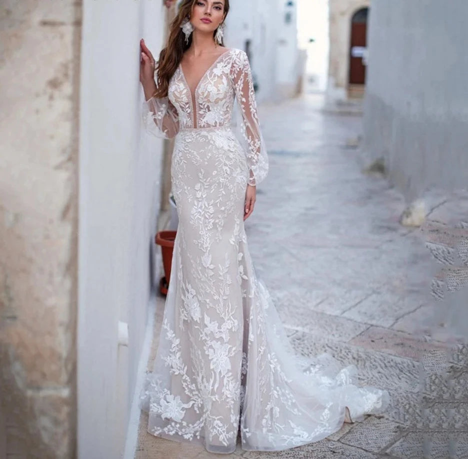 Vestidos de noiva de sereia de tule sem costas luxuosos 2024 Apliques de renda longa de manga comprida Vestido de noiva branco Vestridos de Novia