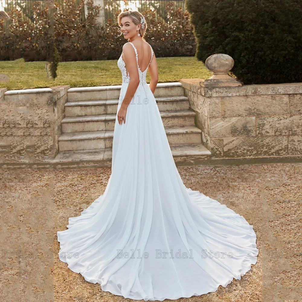 Eleganti abiti da sposa in chiffon abiti da sposa senza maniche a collo quadra di appliques illusion sweep tren