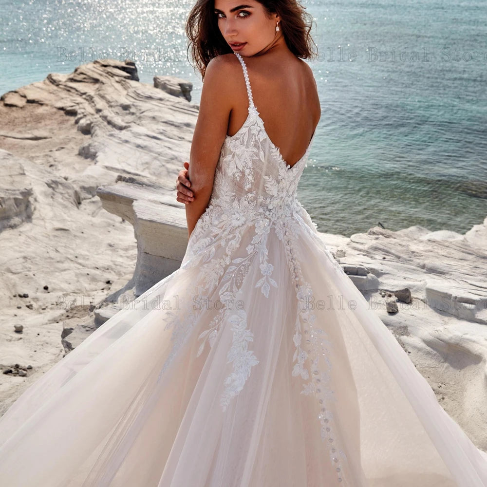 Spaghetti Straps Wedding Dresses Square Neck Sleeveless A-Line Bridal Gowns Appliques Sweep Train Tulle Vestidos De Novia 2024