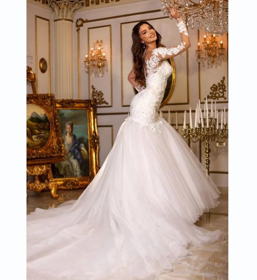 Robe de mariée blanche romantique avec tulle applique en V à manches longues à manches longues à manches longues formelles de la mariée au sol فساتين للحفلات الراق