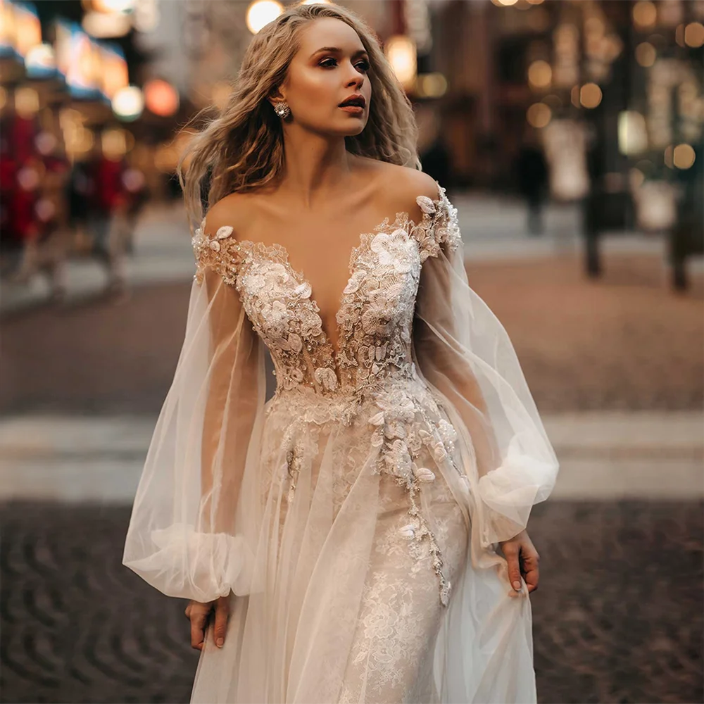 Abito da sposa con manica a v-scoat lovess a v-collo avile in pizzo a-line moderne sposa senza sposa senza sposa tulle sweep treno vestido de noiva