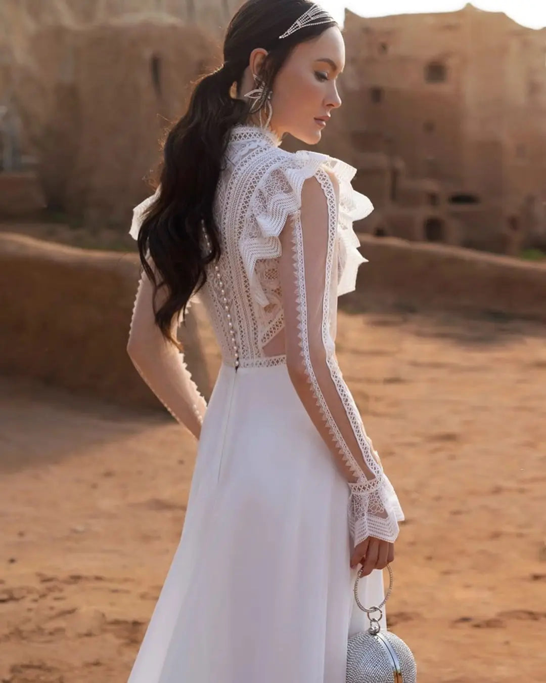 Gorgeous Lace A-line Wedding Dress with Full Ruffled Sleeves Long Train High Neck Bride Dresses for Women Robe De Mariée