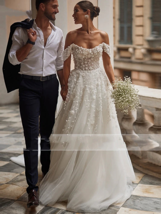 Elegant Wedding Dresses A-Line Tulle Bridal Gowns Lace Appliques Off The Shoulder Robes Floor Length Vintage Vestidos De Novia