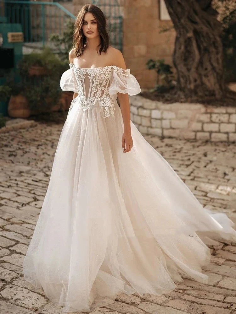 Vestidos de noiva simples vintage-gola de barco A-line GOWNS APLICAÇÕES DE TULLE DE TULLO DE TULLOS O ombro vestidos de Novia 2024