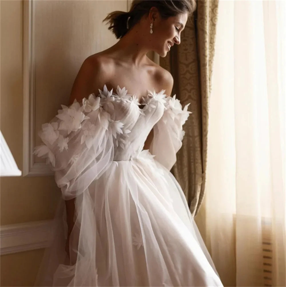 Off- Shoulder A-Line Tulle Wedding Dress Princess Prom Dress Floral Bride Dress Floor-Length Sweep Train Vestidos De Novia 2024