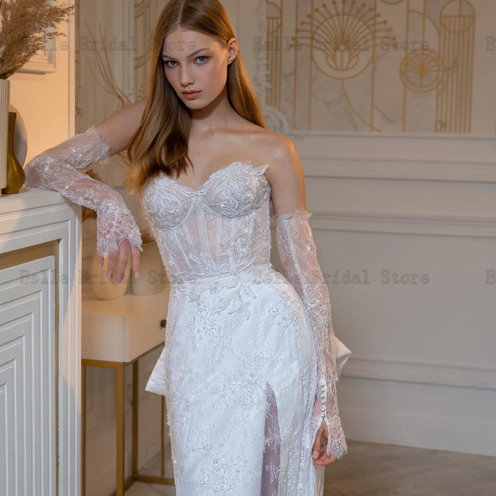 Abiti da sposa sexy in pizzo a cuore maniche lunghe abiti da sposa a-line appliques ad alta fessura a fessura ad alta fessura del treno sweep vestidos de nolia