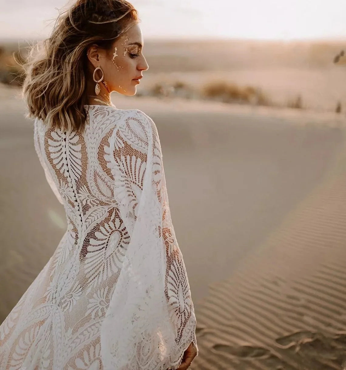 11728# Maxi Boho Deep U Neck Open Back Sweep Train Flare Sleeve Lace Bohemian Wedding Dress Wedding Bridal Gown Custom