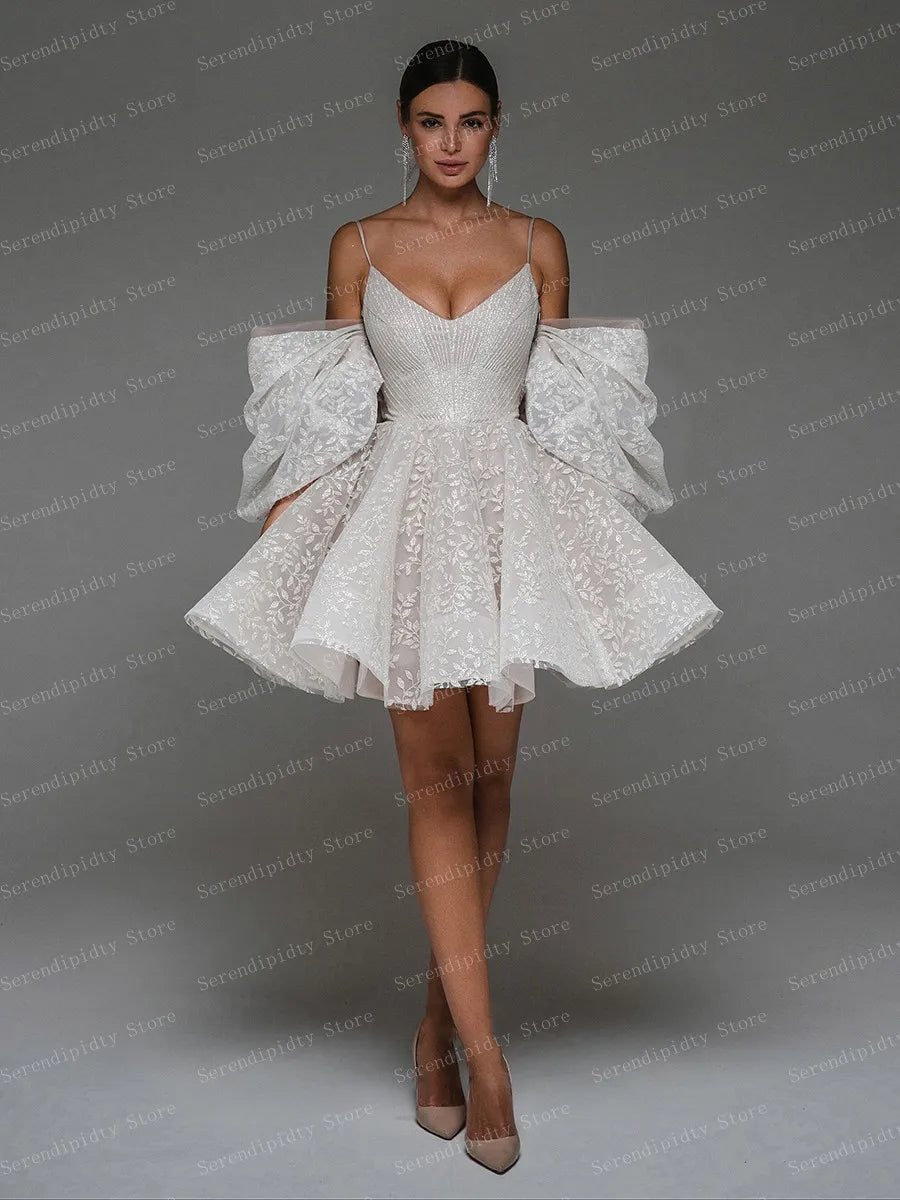 White Organza Dress V-neck Prom Dress Ruffles Applique Dress Mini Dress Sparkly Lace Dress Plus Size Bridal Gown Plus Size