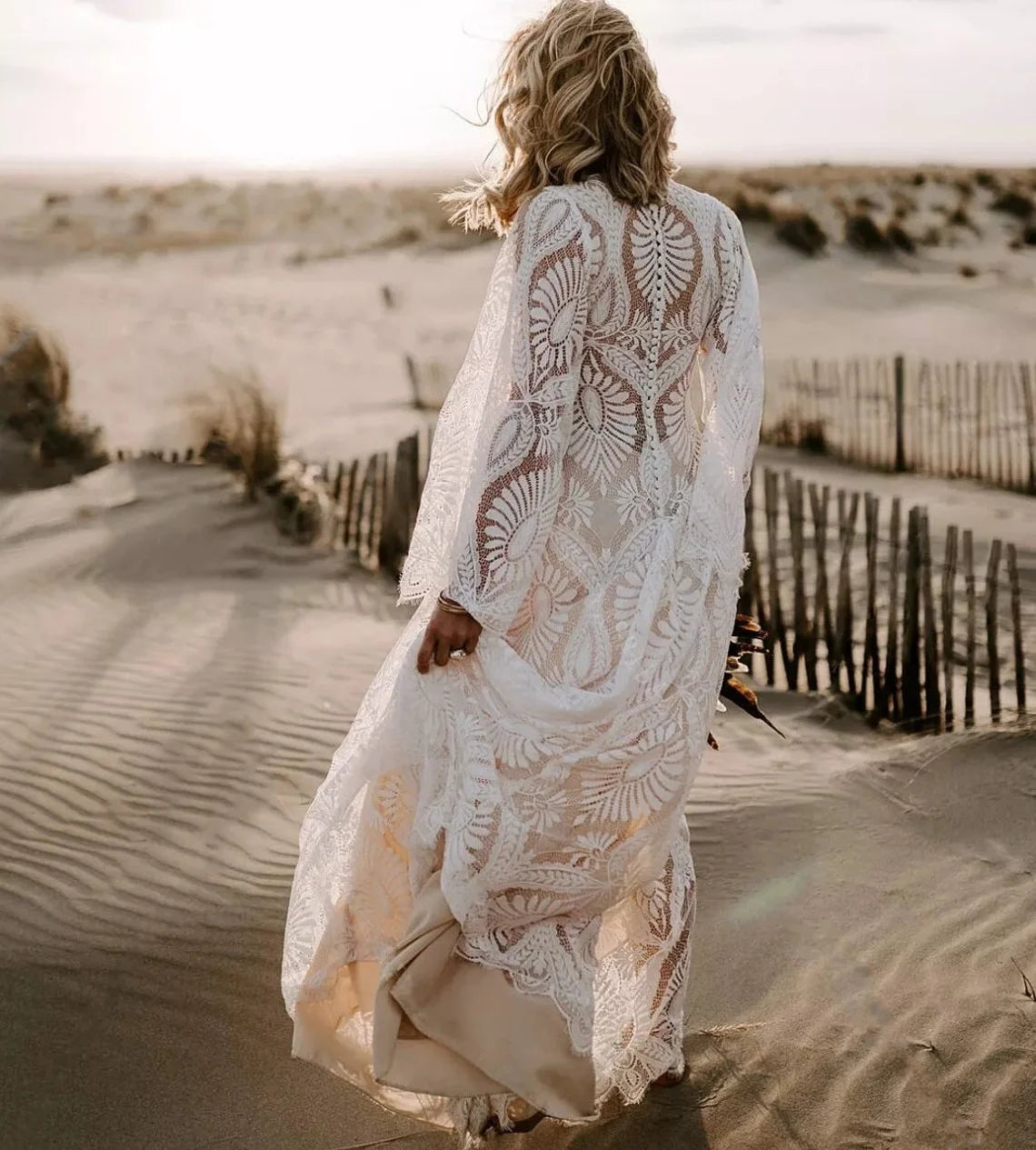 11728# Maxi Boho Deep U Neck Open Back Sweep Train Flare Sleeve Lace Bohemian Wedding Dress Wedding Bridal Gown Custom