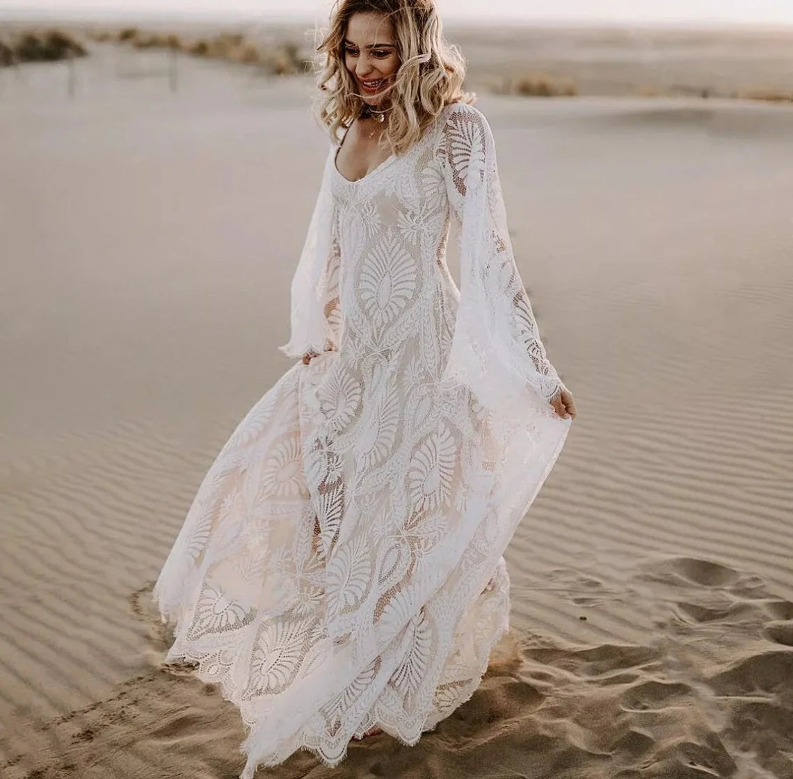 11728# Maxi Boho Deep U Neck Open Back Sweep Train Flare Sleeve Lace Bohemian Wedding Dress Wedding Bridal Gown Custom